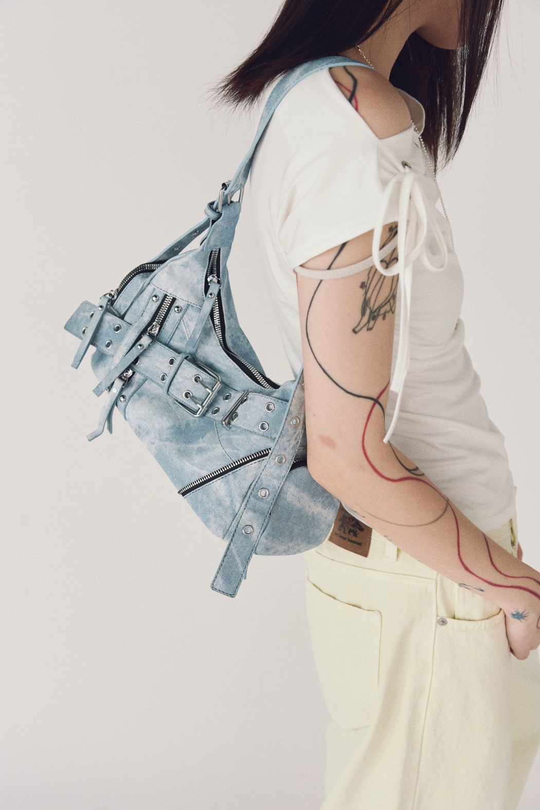 皮帶扣單肩斜跨兩用包-藍