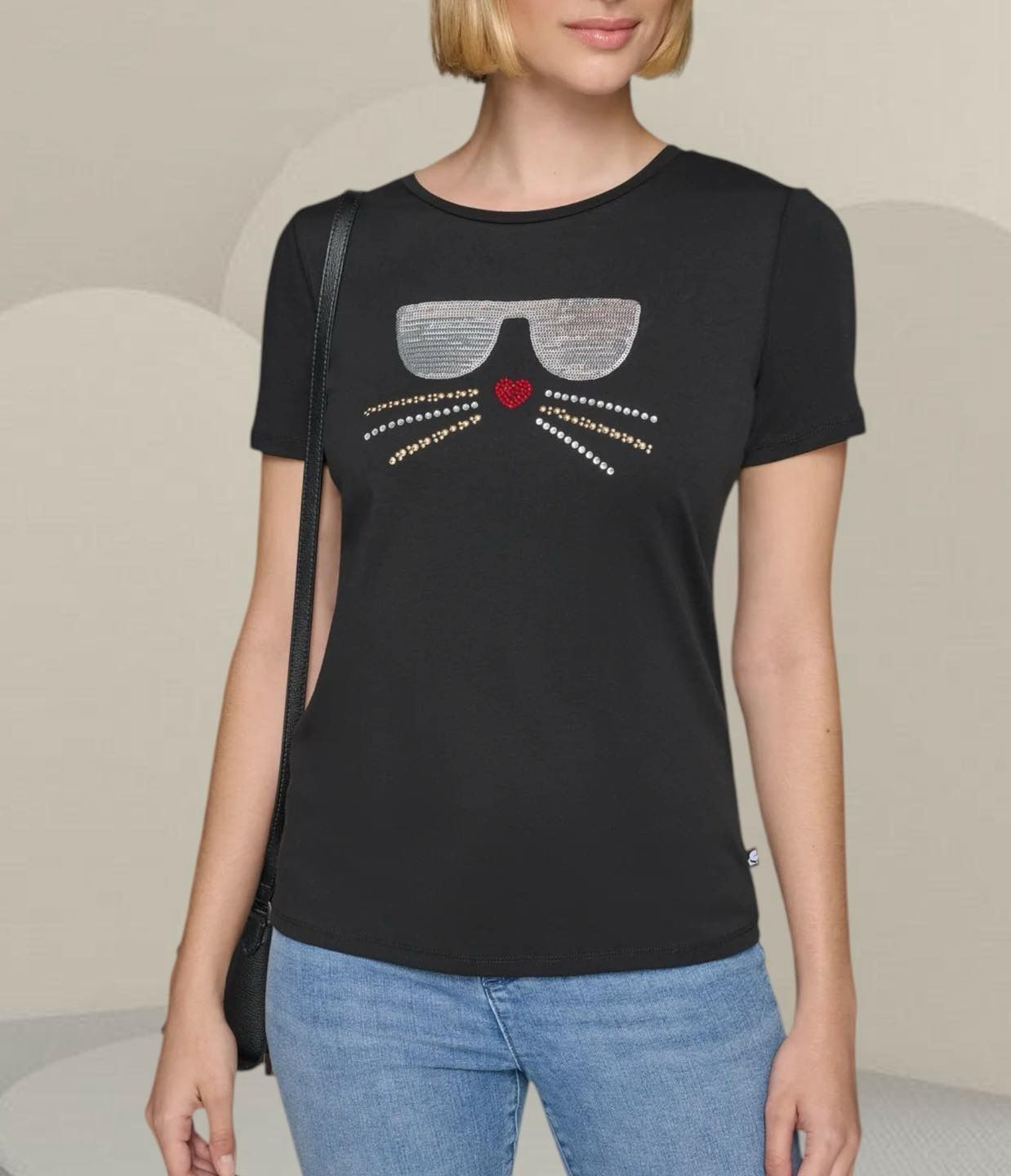 LYS01536 Karl Lagerfeld 亮片眼鏡貓咪短袖Tee XS碼