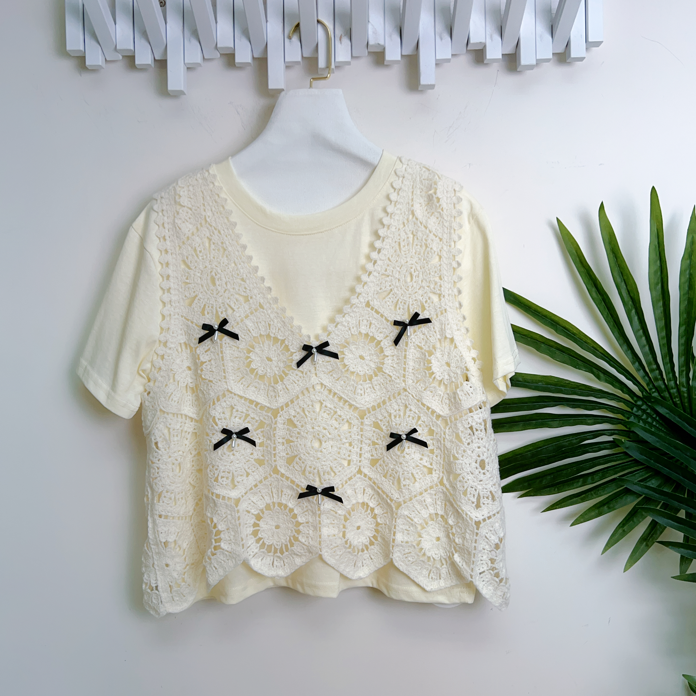 珍珠蝴蝶結針織背心拼滑身棉兩件套(L TEE:40背:42/ XL TEE:42背:44吋)7208 #1404clo