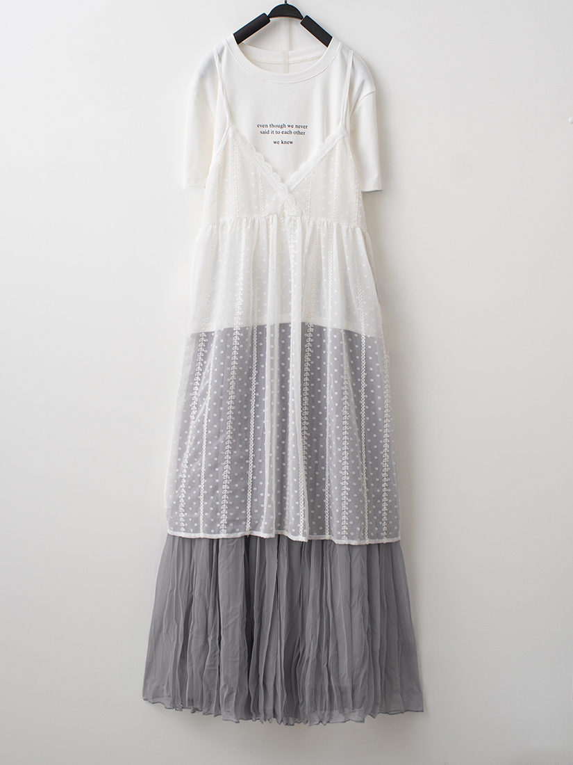 緹花蕾絲背心涼感棉短袖上衣壓褶雙層長裙組合