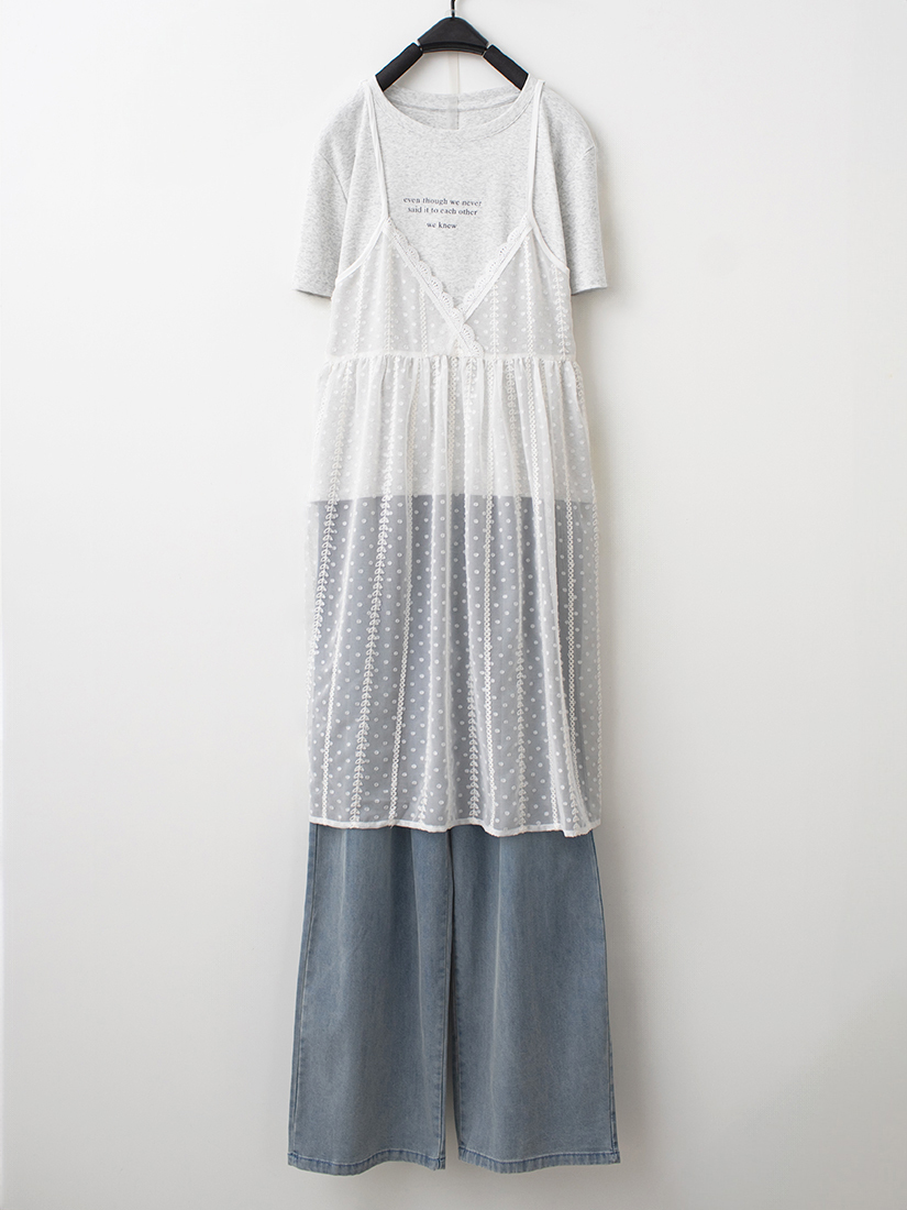 緹花蕾絲背涼感棉短袖上衣水洗天絲棉直筒寬褲組合