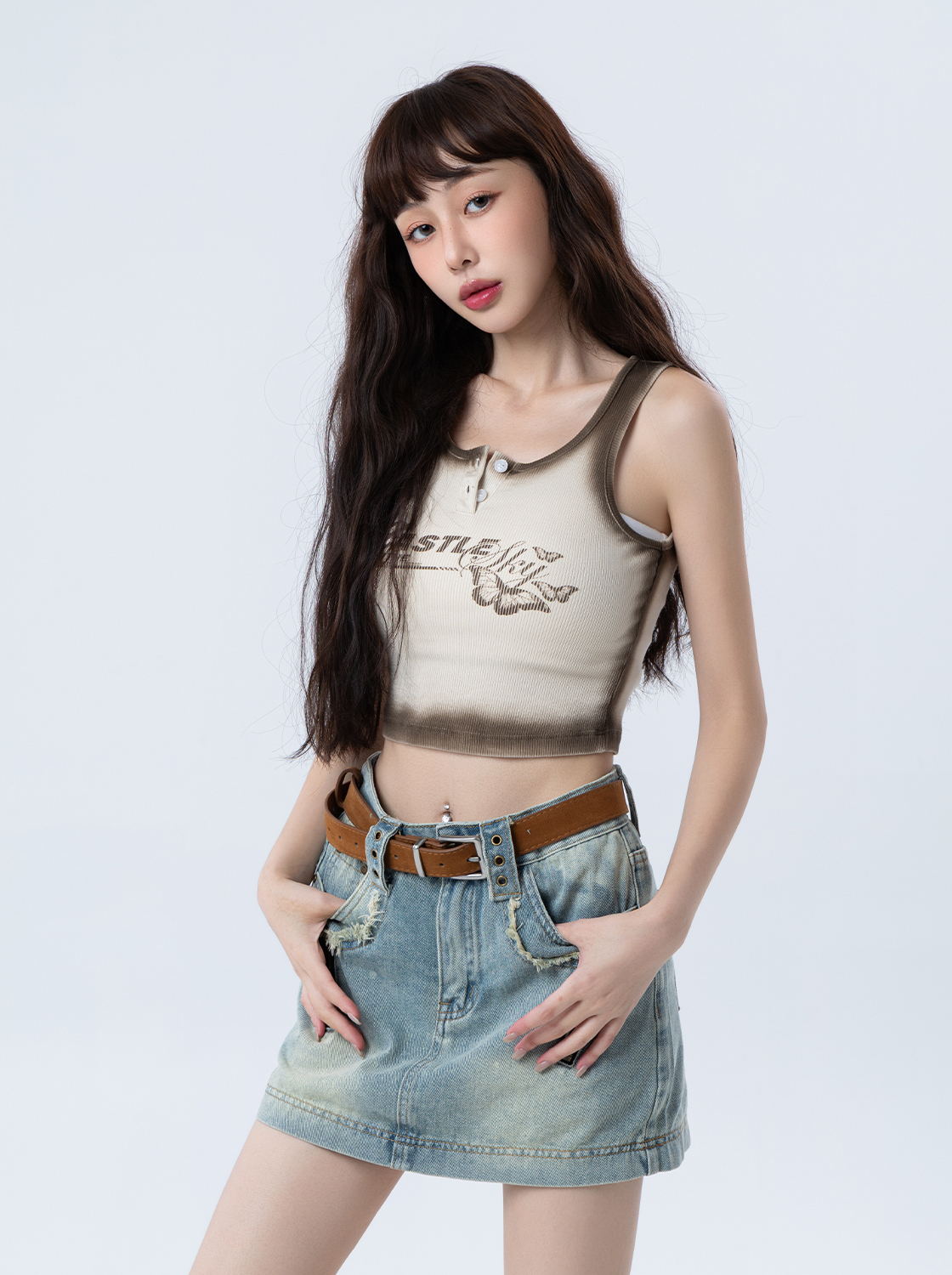 潮流印花漸層無袖上衣