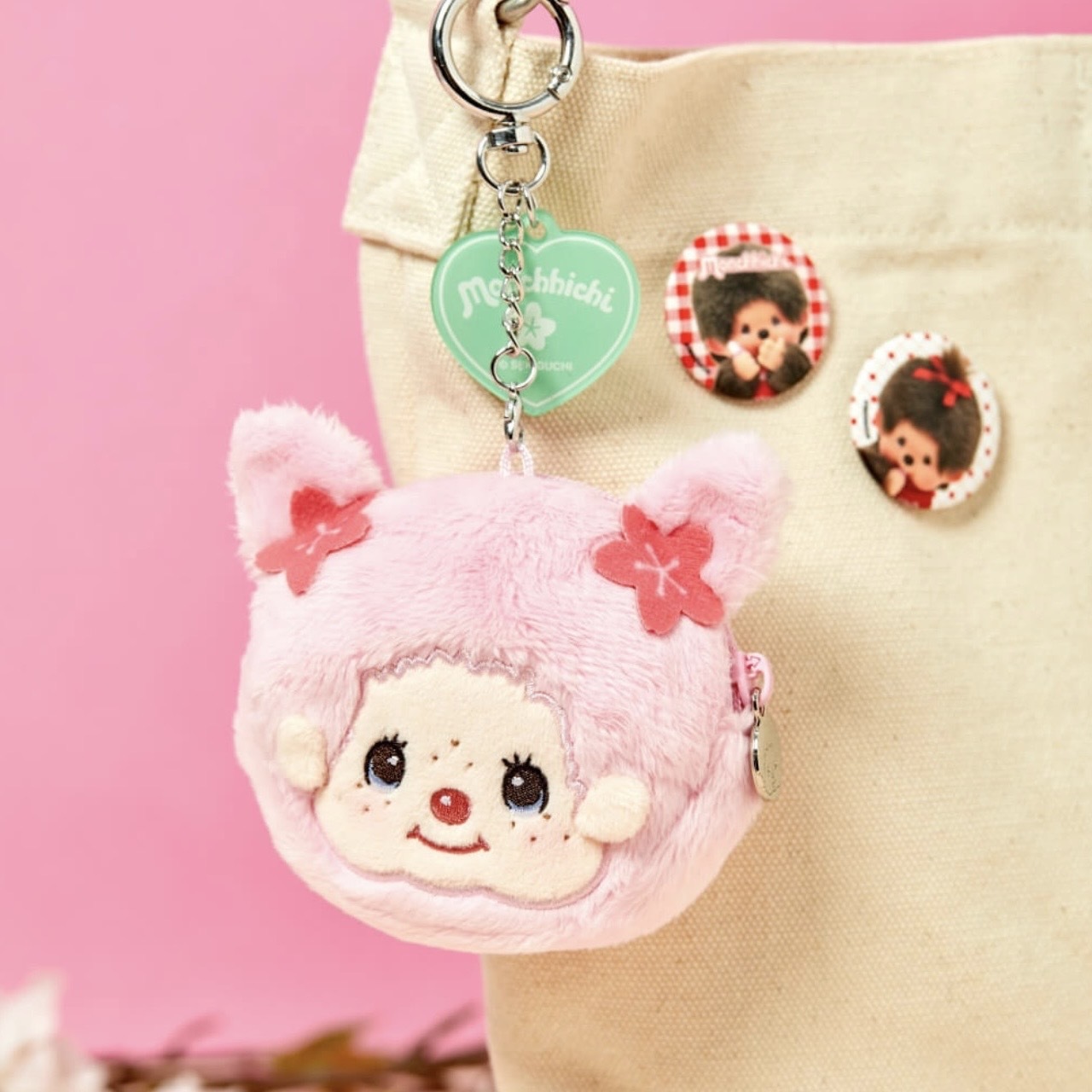 MONCHHICHI 蒙奇奇 櫻花 大臉 收納包 耳機包 粉色