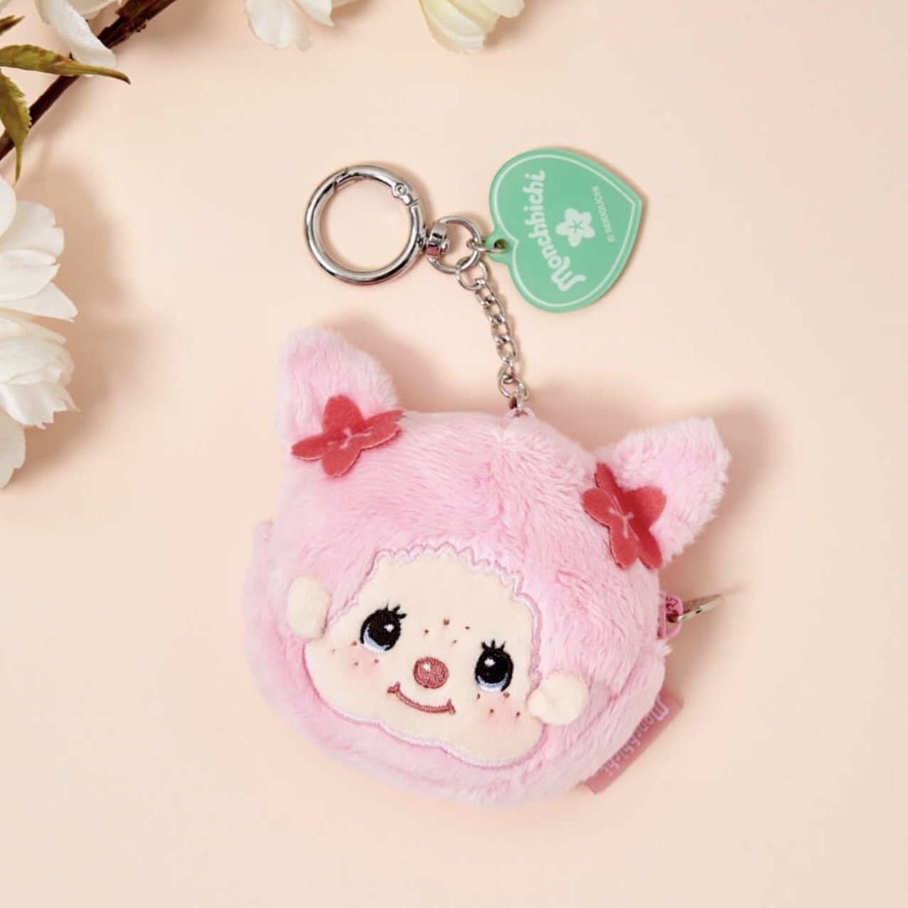 MONCHHICHI 蒙奇奇 櫻花 大臉 收納包 耳機包 粉色
