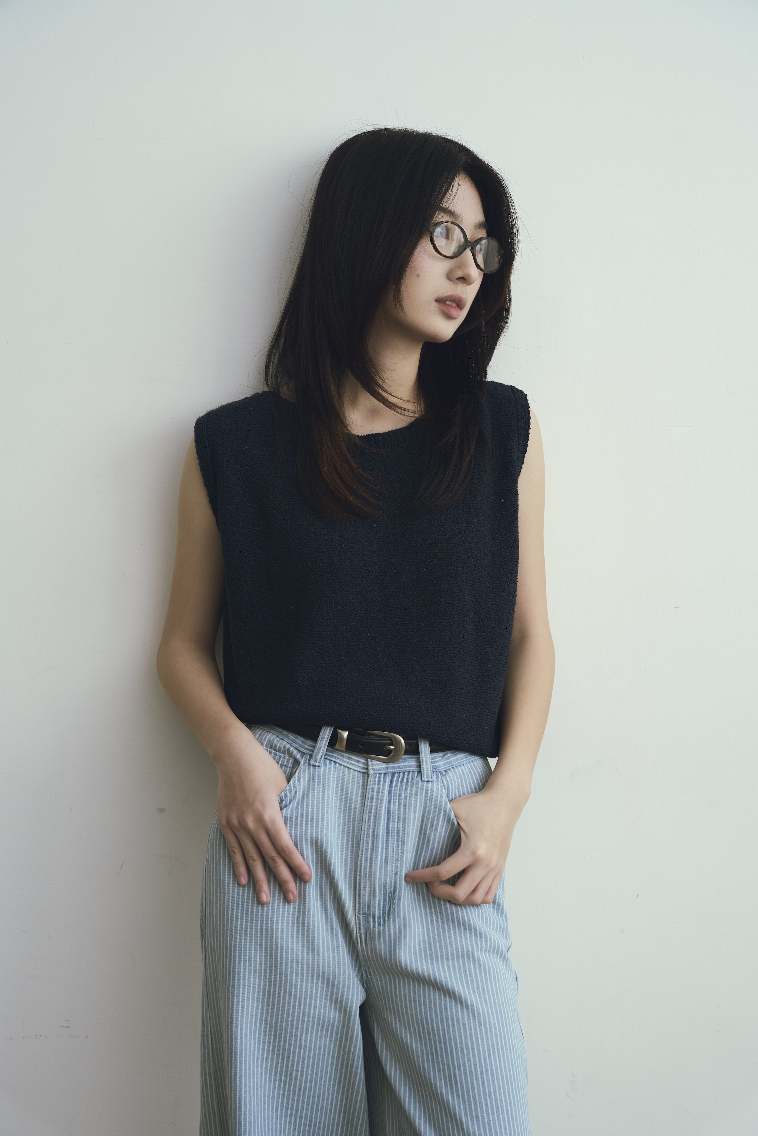 Gmade/細閃涼紗零副乳針織背心-深藍