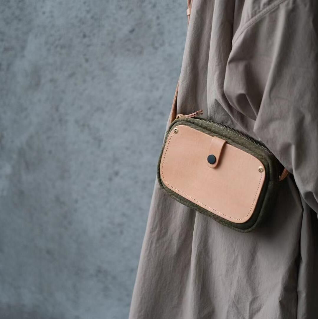 B09-高級帆布植油皮袋 珠紋純棉帆布拼接植鞣頭層牛皮