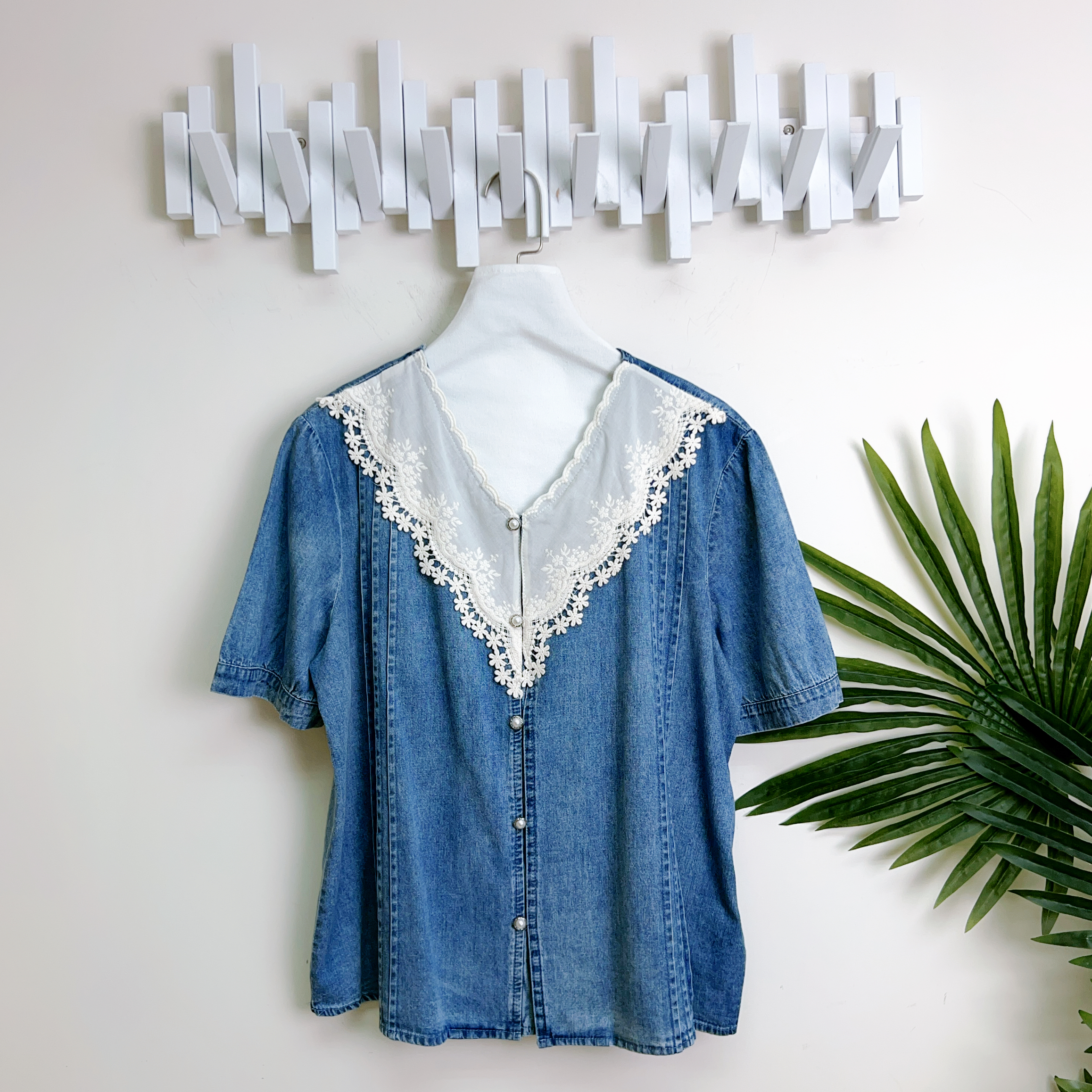 鈕釦LACE拼軟牛仔上衣(L:胸40/XL:42吋 )7193 #1404clo