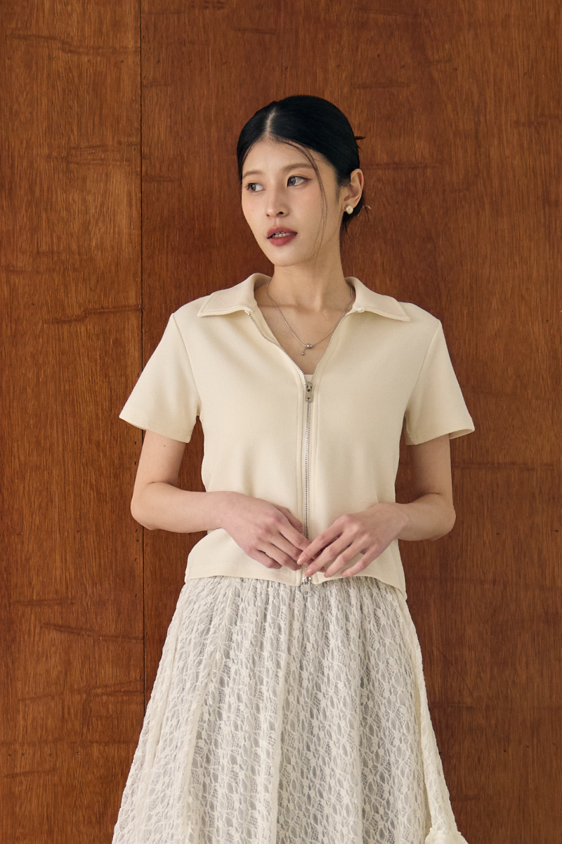 雙頭拉鍊開襟彈力翻領上衣