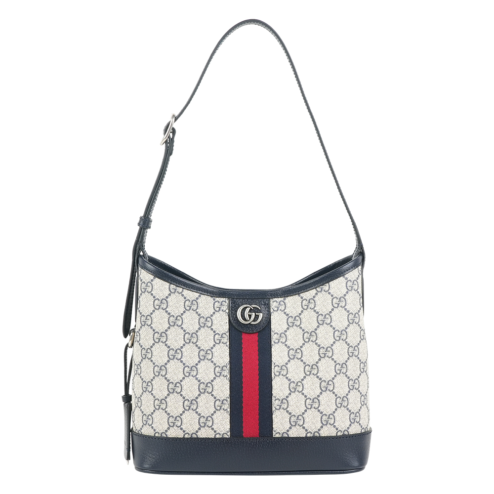 【GUCCI】Ophidia GG 帆布藍紅小款水桶肩背包(黑藍色)