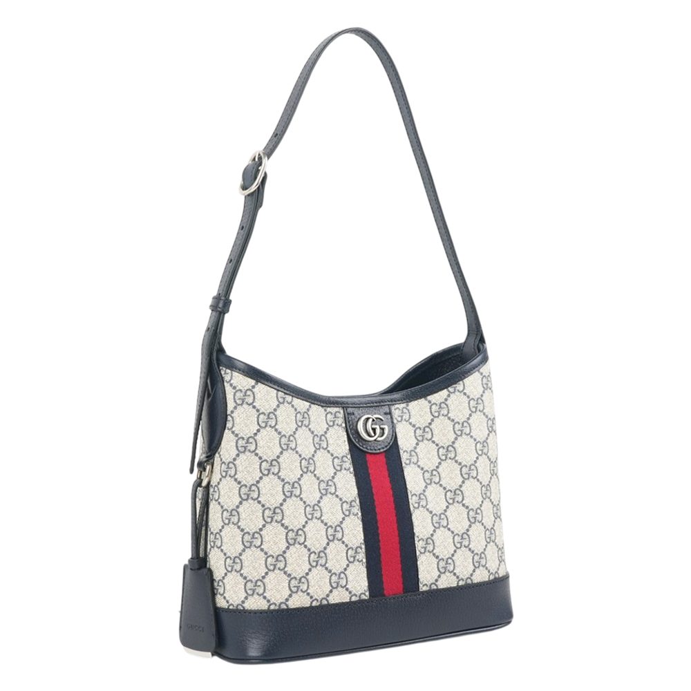 【GUCCI】Ophidia GG 帆布藍紅小款水桶肩背包(黑藍色)