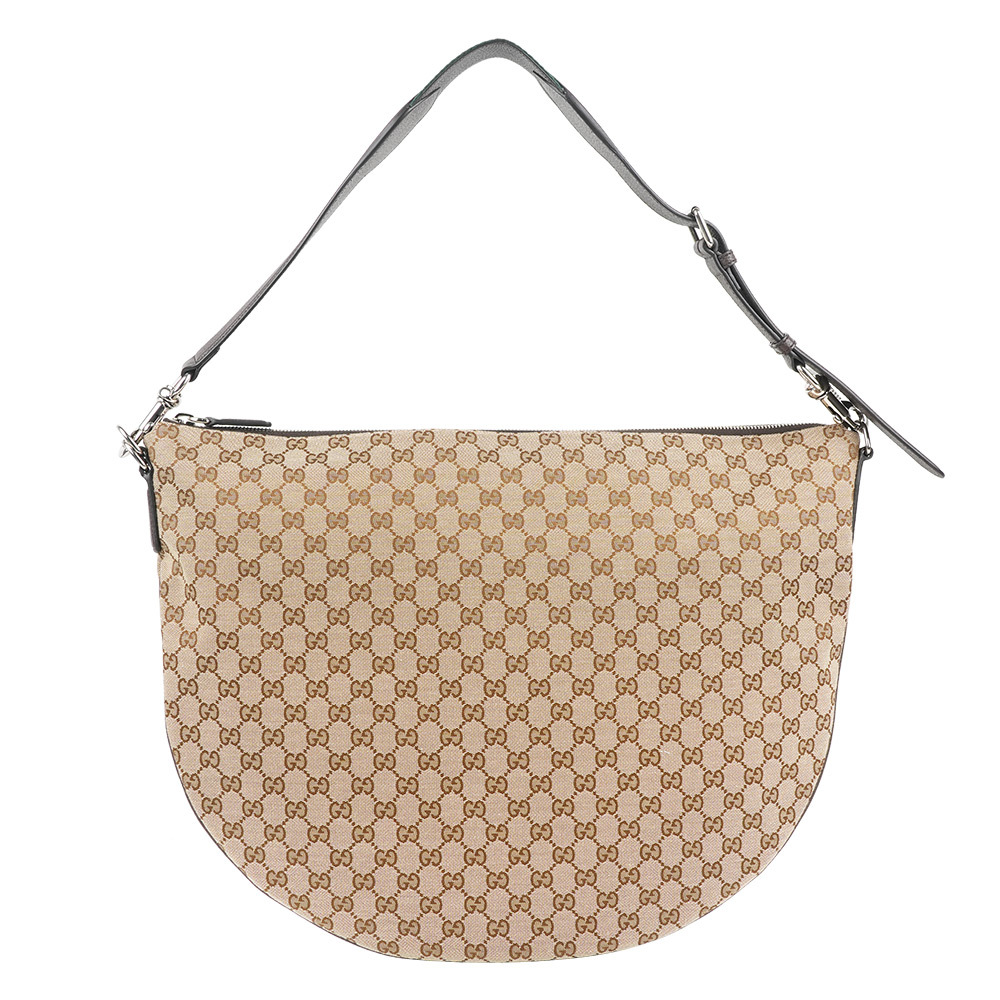 【GUCCI】B 系列緹花布大款彎月肩背包/斜背包(米色)
