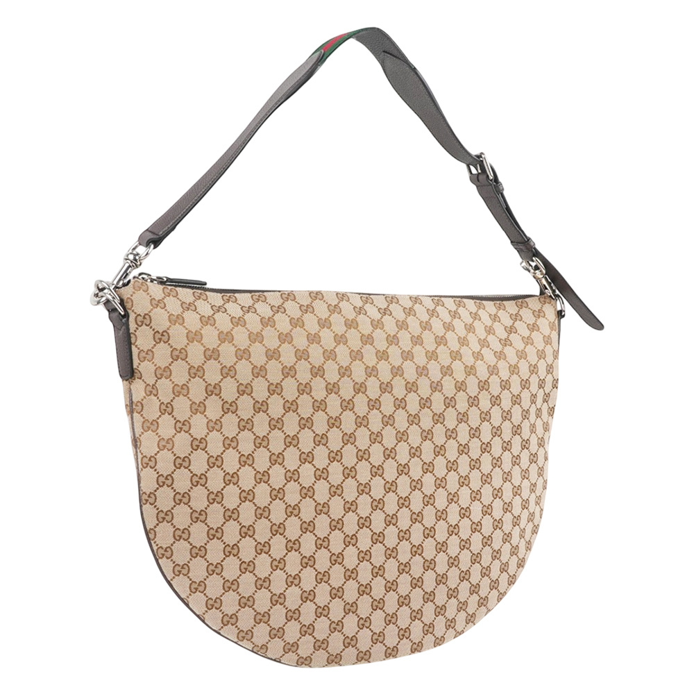 【GUCCI】B 系列緹花布大款彎月肩背包/斜背包(米色)
