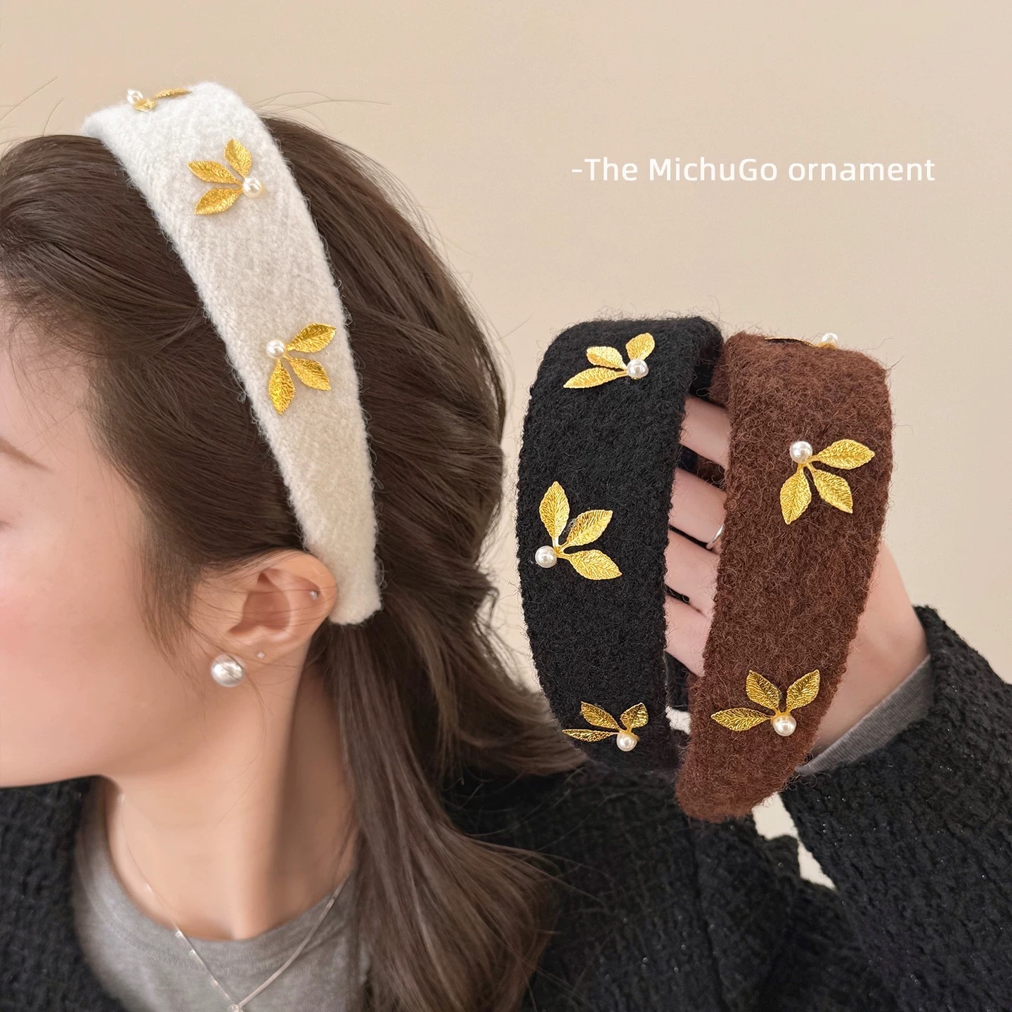 Korean Vintage Gold Leaf Faux Pearl Headband