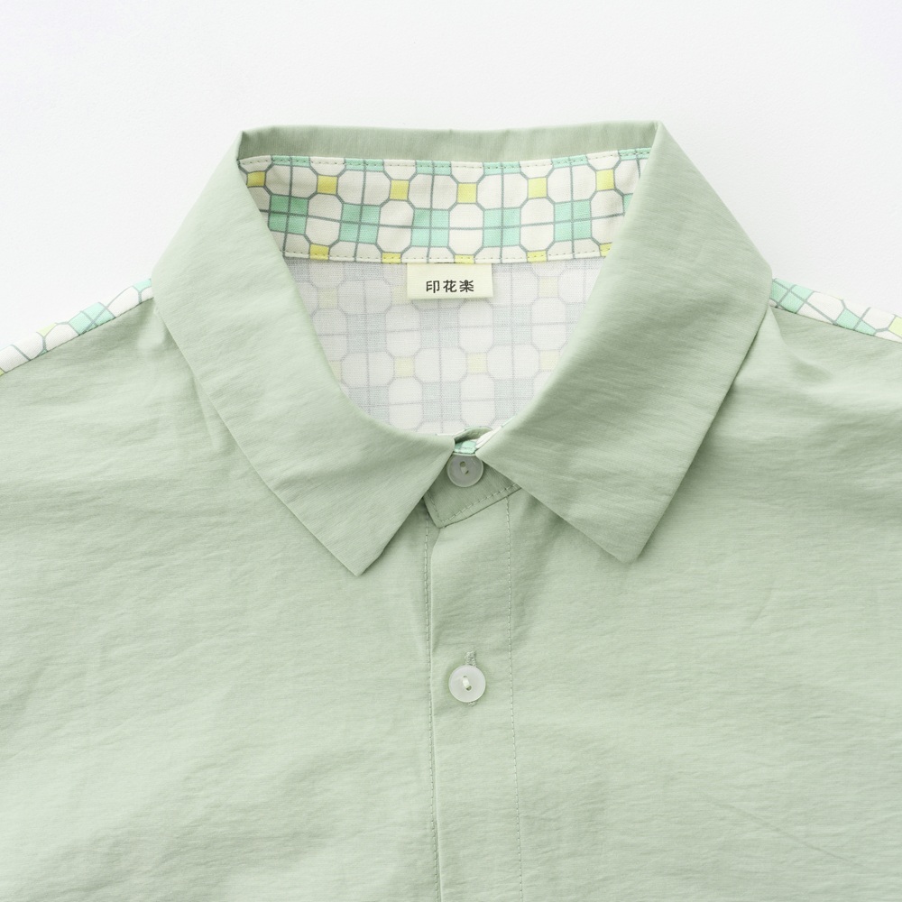 印花樂短袖拼接襯衫/台灣八哥/清爽綠