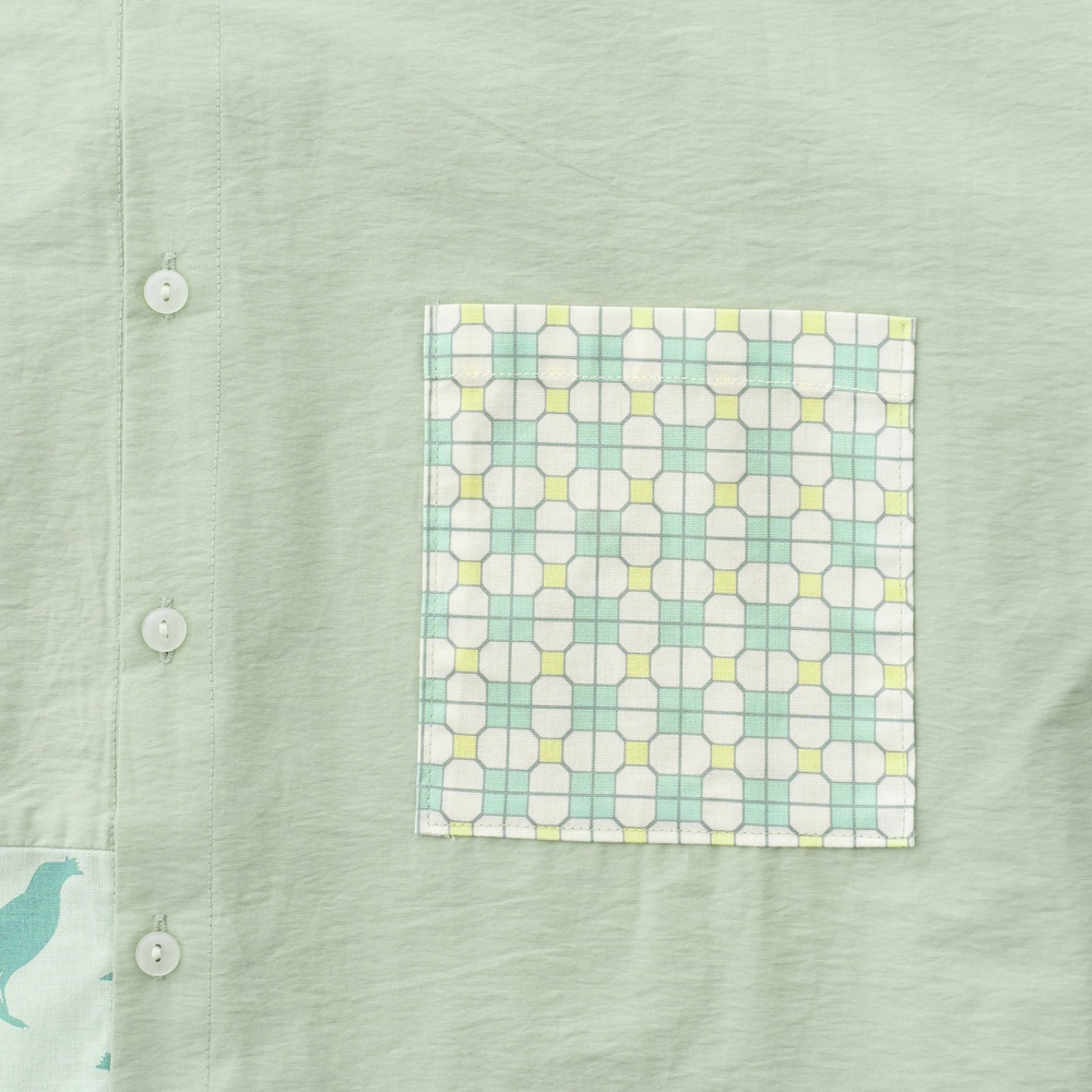 印花樂短袖拼接襯衫/台灣八哥/清爽綠