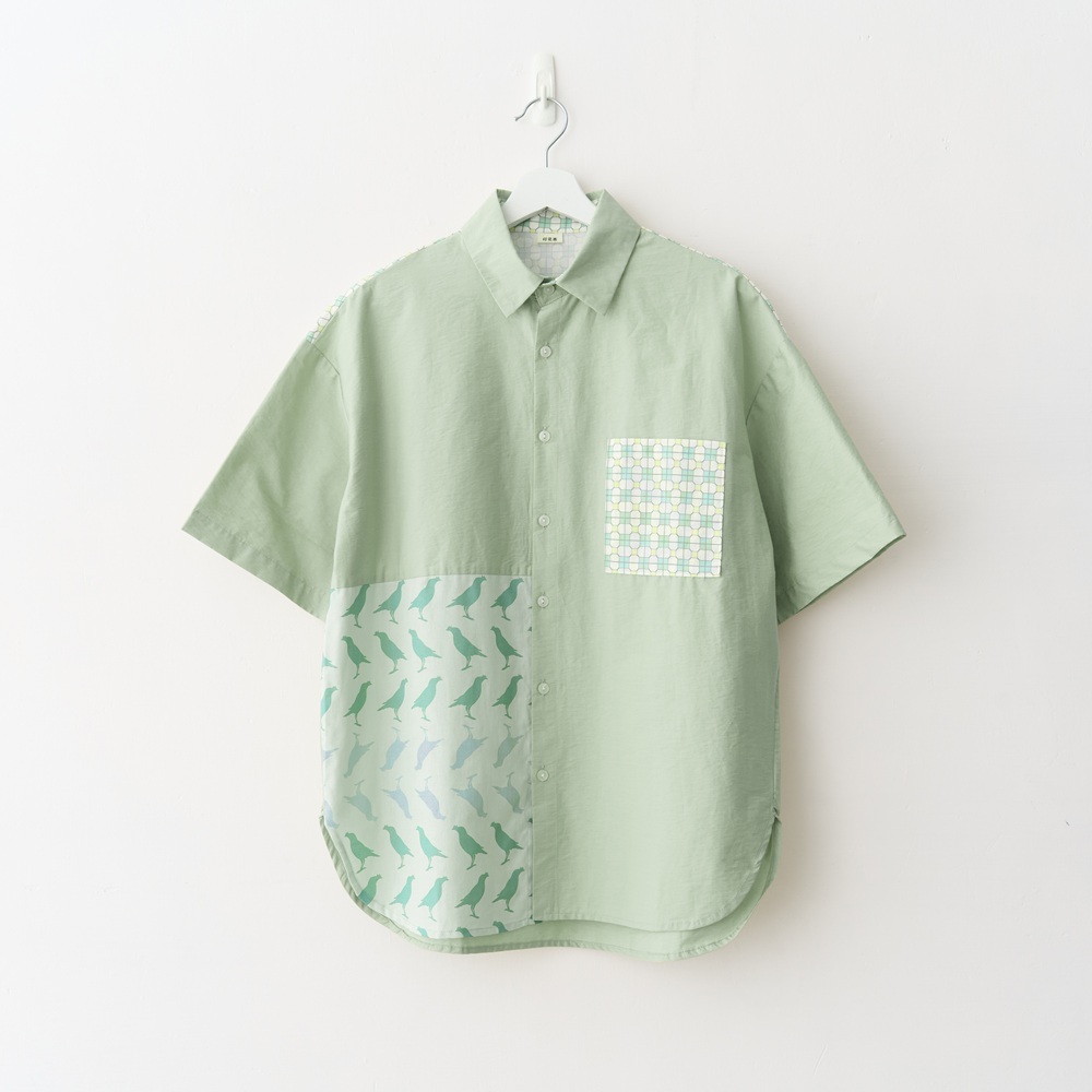 印花樂短袖拼接襯衫/台灣八哥/清爽綠