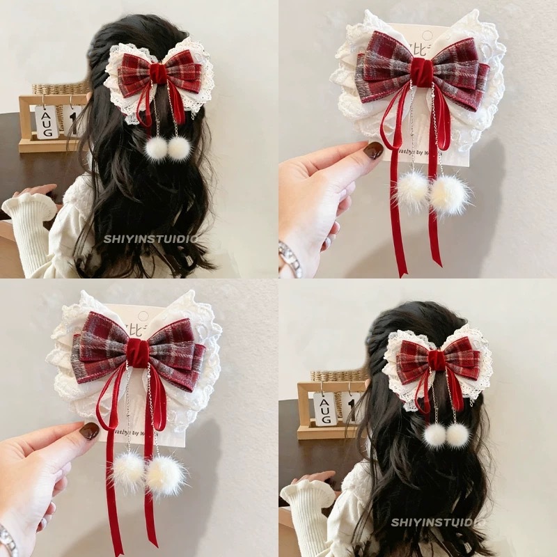 Burgundy Plaid Lace Ribbon Bow