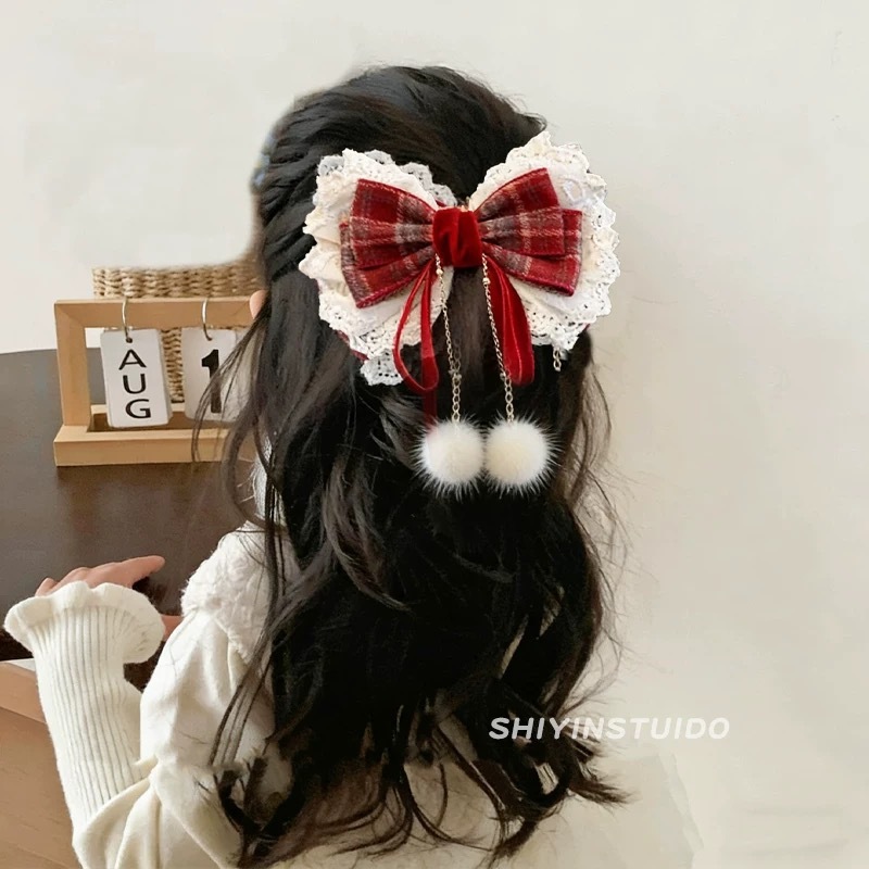 Burgundy Plaid Lace Ribbon Bow