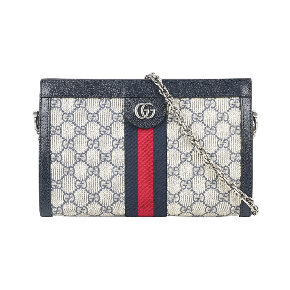 【GUCCI】Ophidia GG綠紅綠皮革飾邊鏈包(黑藍色)