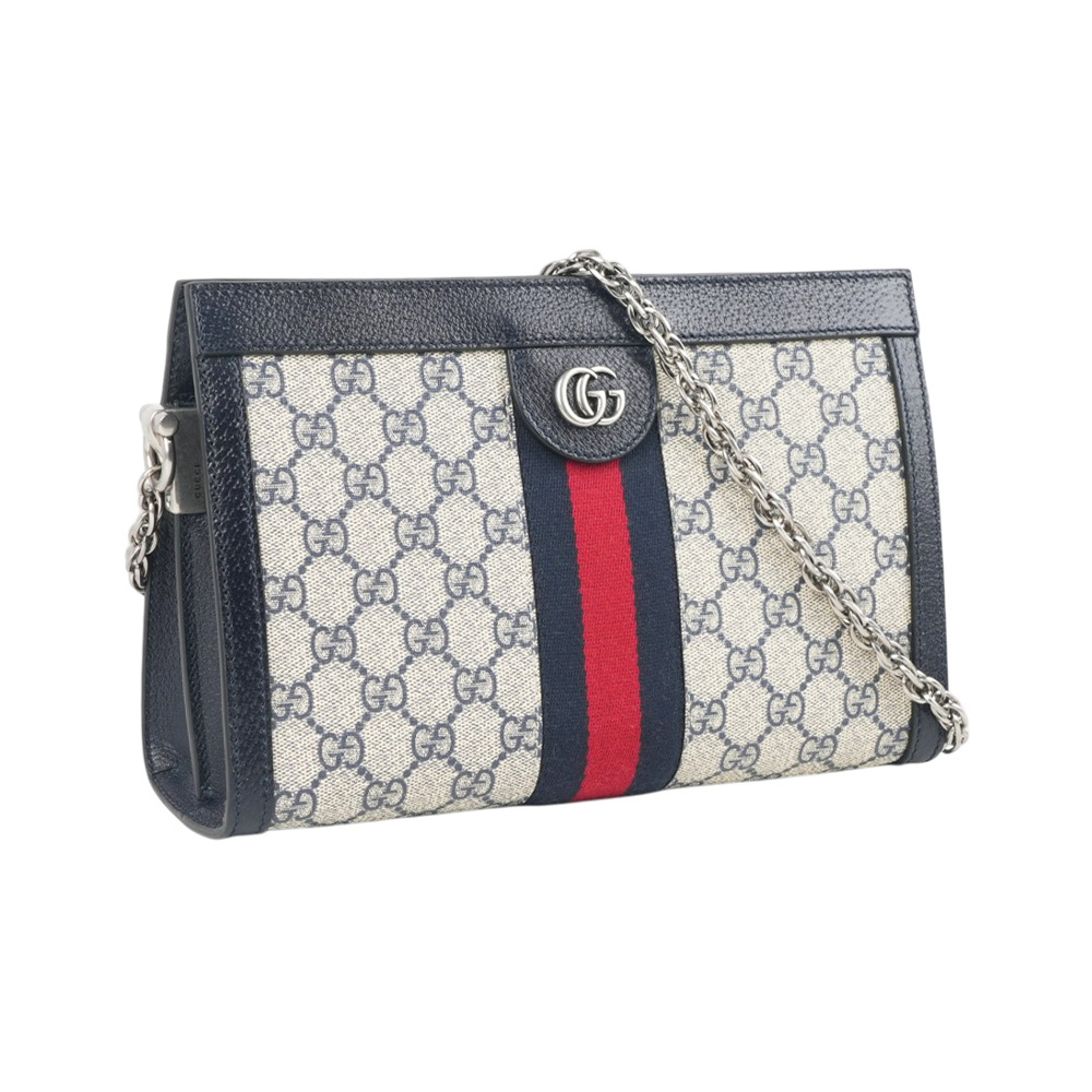 【GUCCI】Ophidia GG綠紅綠皮革飾邊鏈包(黑藍色)
