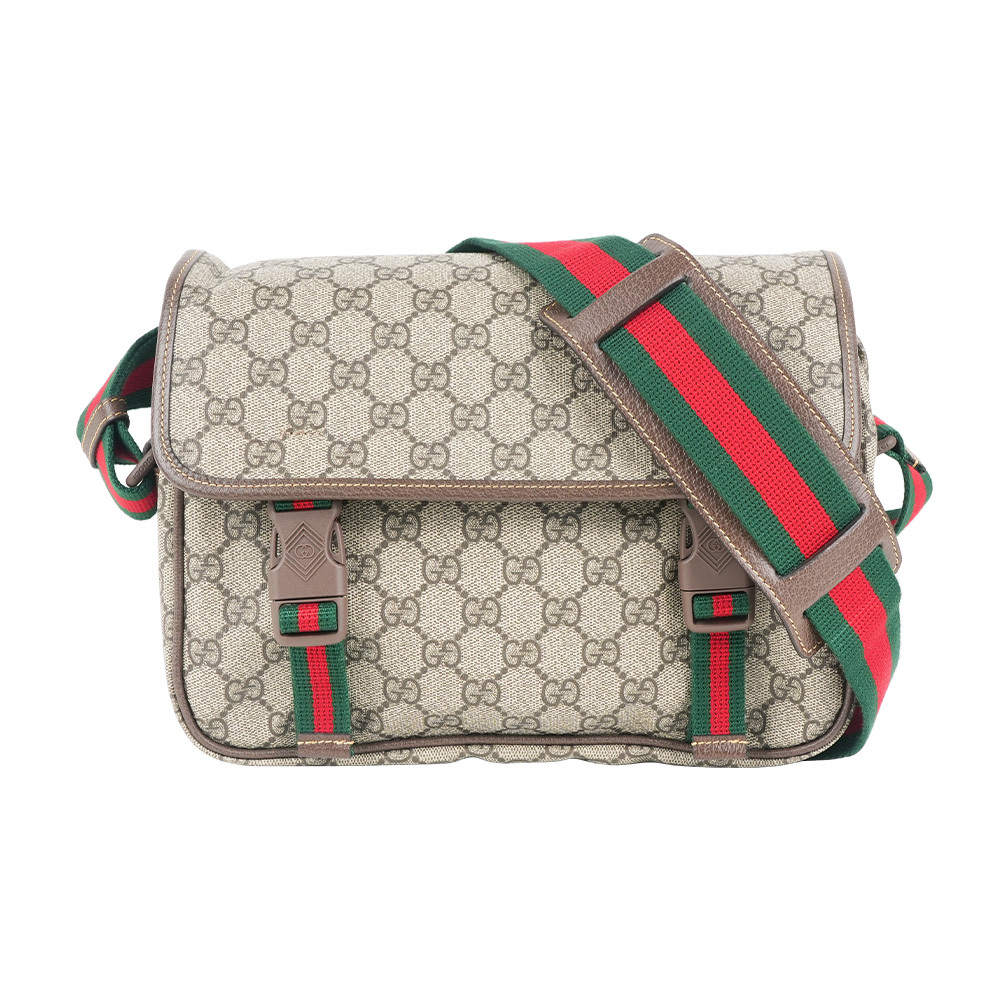 【GUCCI】綠紅雙釦造型翻蓋小款郵差包(米色/烏木色)