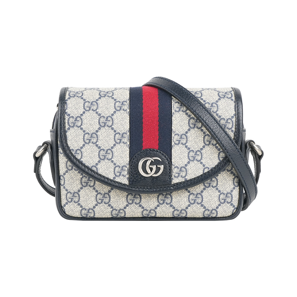 【GUCCI】Ophidia GG 藍紅織帶迷你翻蓋斜背包(黑藍色)