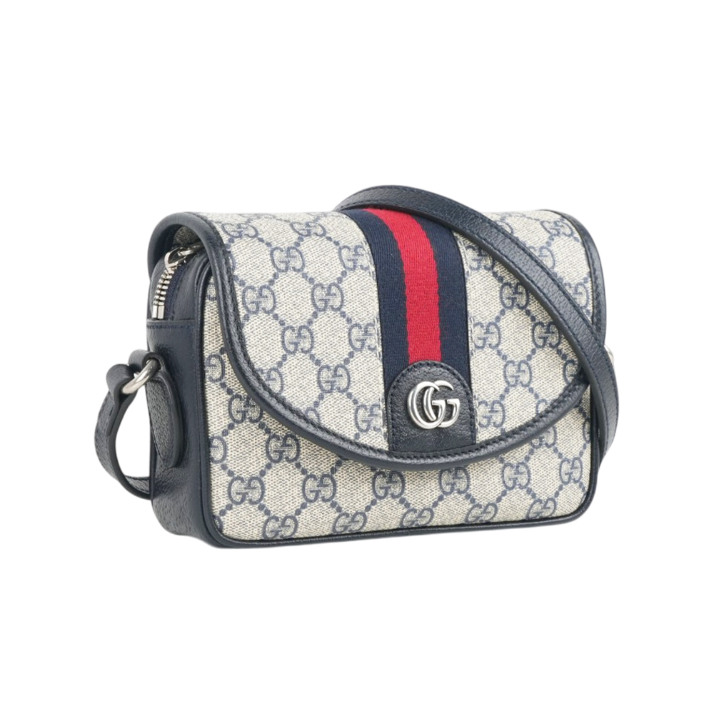 【GUCCI】Ophidia GG 藍紅織帶迷你翻蓋斜背包(黑藍色)