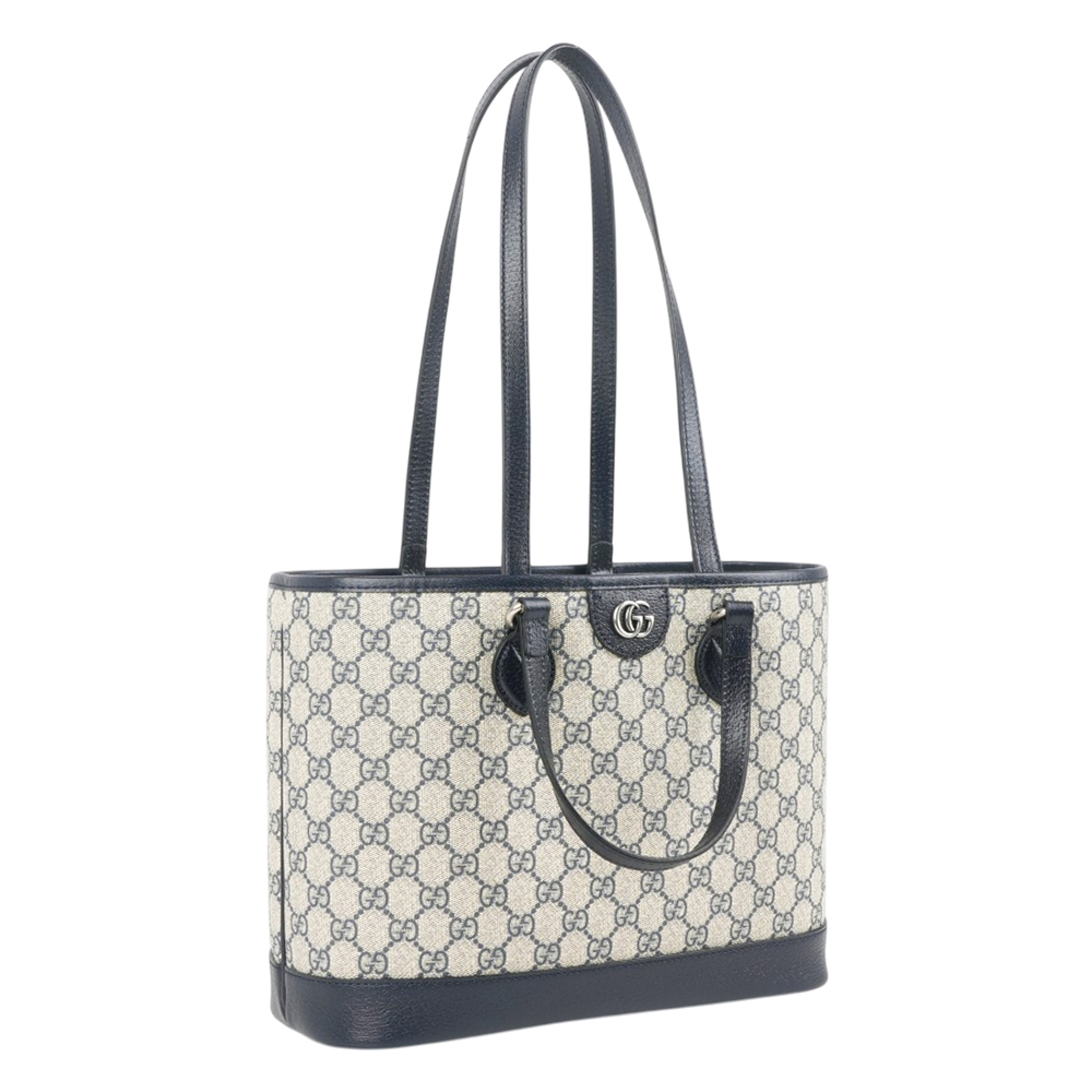 【GUCCI】Ophidia GG 塗層帆布中款手提/肩背二用托特包(黑藍色)