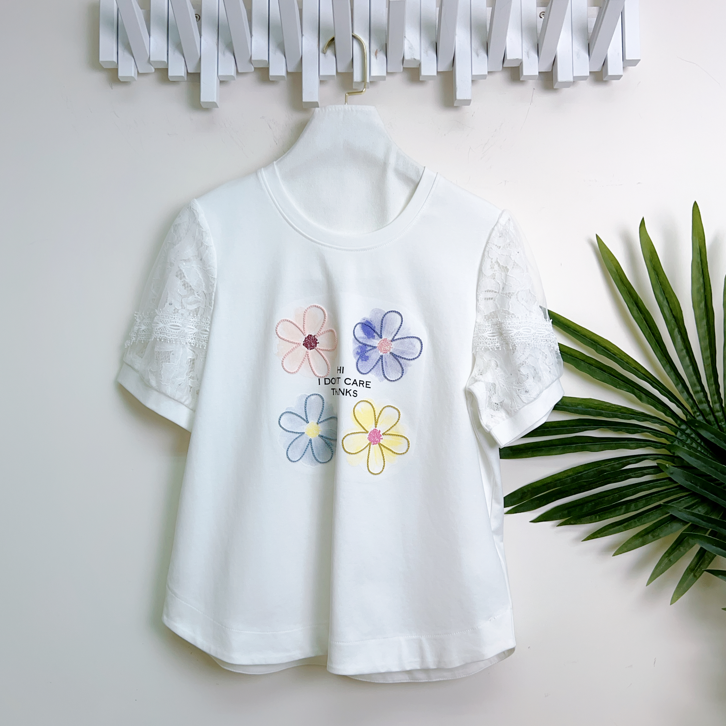 閃石花花LACE紗網拼滑棉上衣(胸40 腰36 長24吋)7427 #1404clo