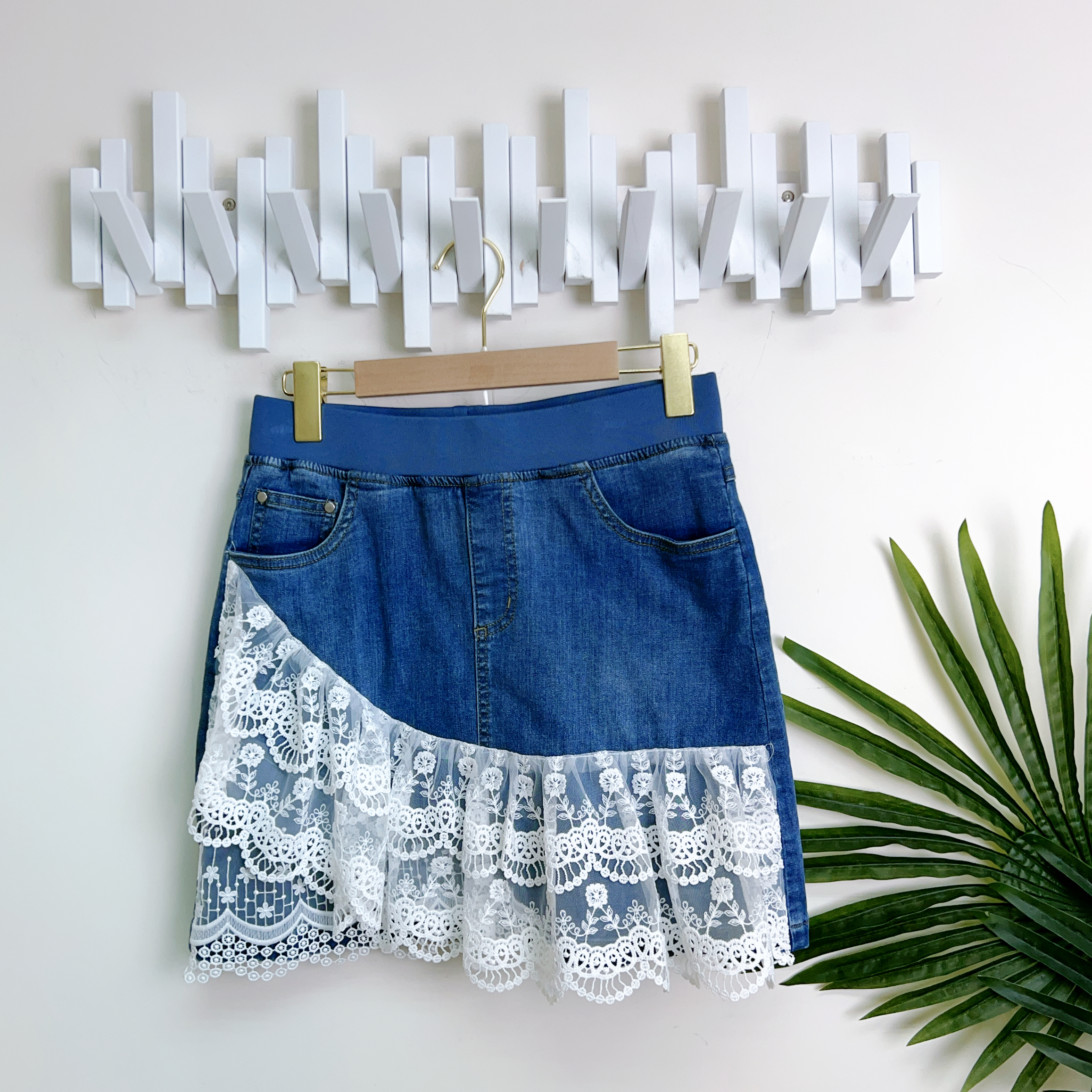 LACE拼牛仔棉橡筋腰半截裙(腰/S:26-28/M:28-30/L:30-32/XL:32-34/XXL:34-36/XXXL:36-38吋)3823 #1404clo