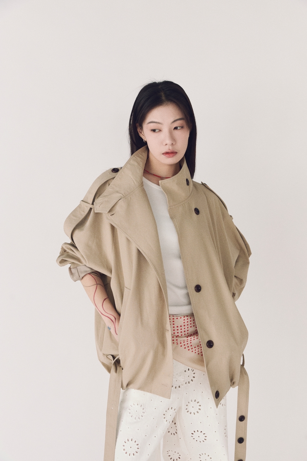 時髦廓型短款風衣外套-卡其