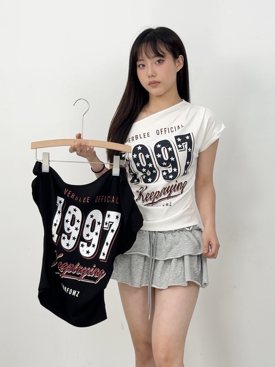 B85美式1997復古感斜肩上衣