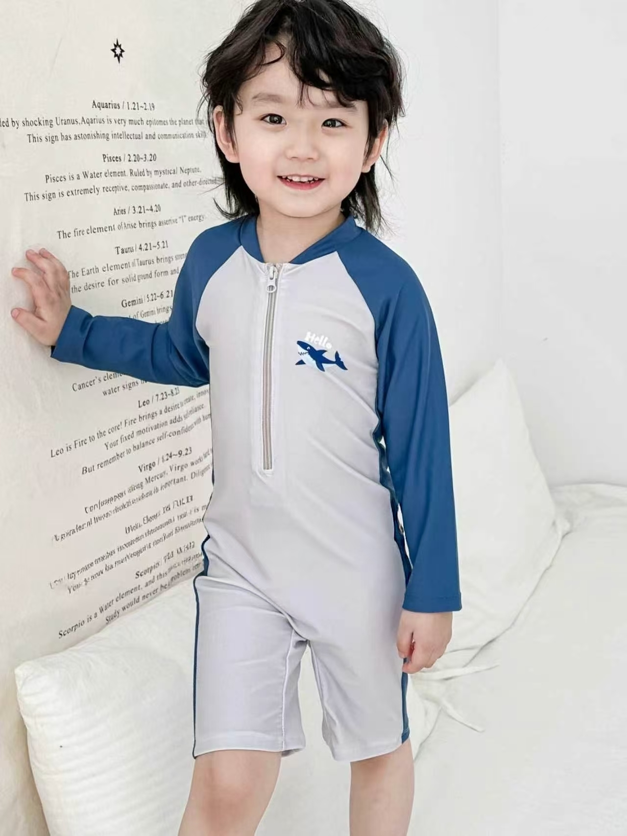 BYC04SW056BL  深海探險小鯊魚防曬連身泳衣連帽