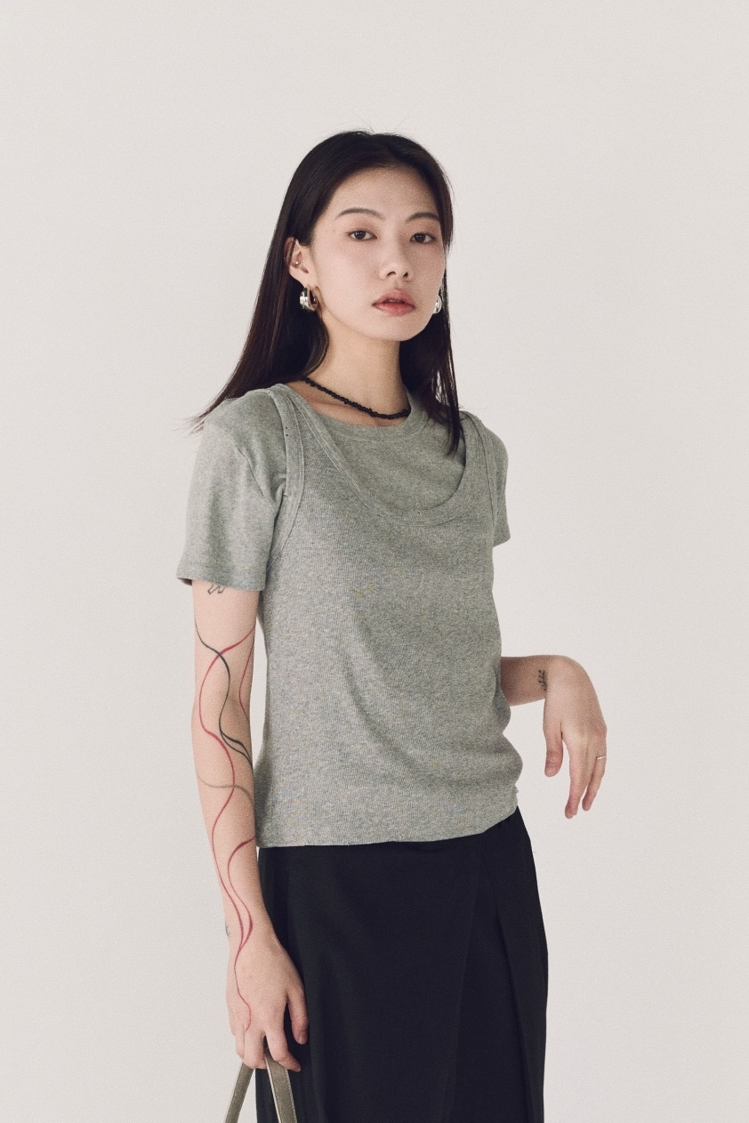 疊搭雙層上衣-灰