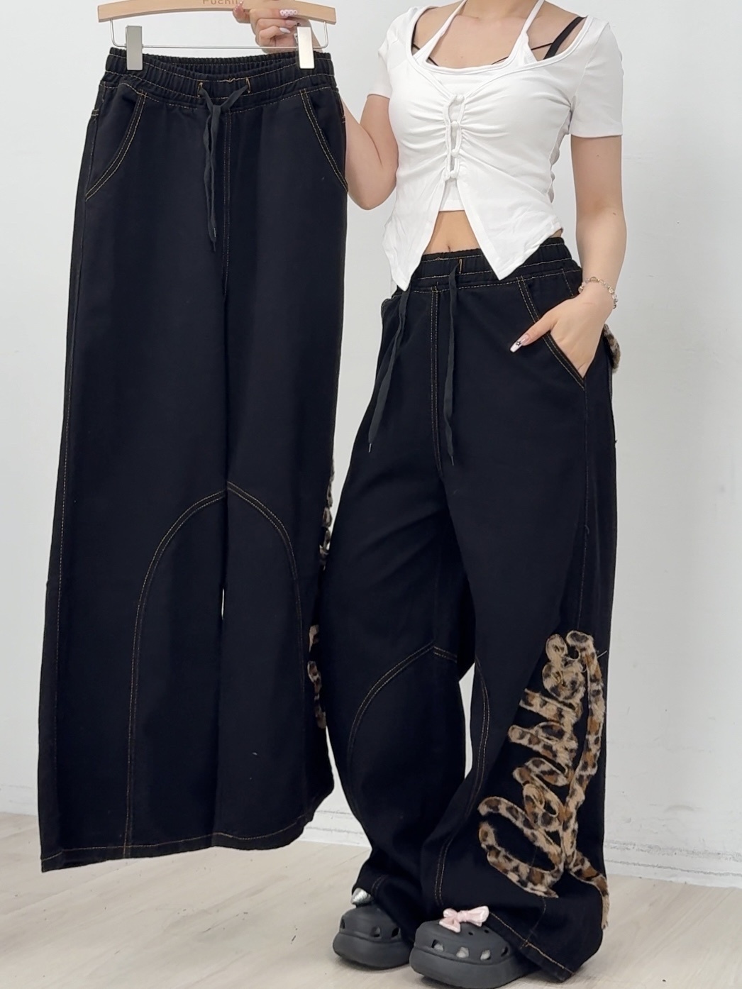 B86豹紋設計原色全鬆緊牛仔褲