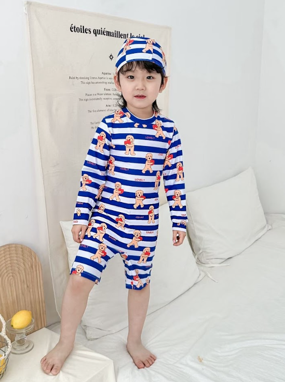 BYC04SW058BL  抱抱愛心小狗防曬連身泳衣連帽