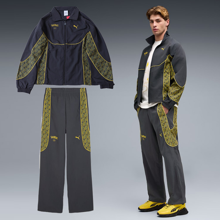 男款 PUMA X POKÉMON QUILTED JACKET/PUMATECH-X RELAXED TRACK PANTS 灰 皮卡丘 寶可夢 聯名 寬鬆 運動 套裝 外套 長褲【63491676/63491776】PMPOKÉ