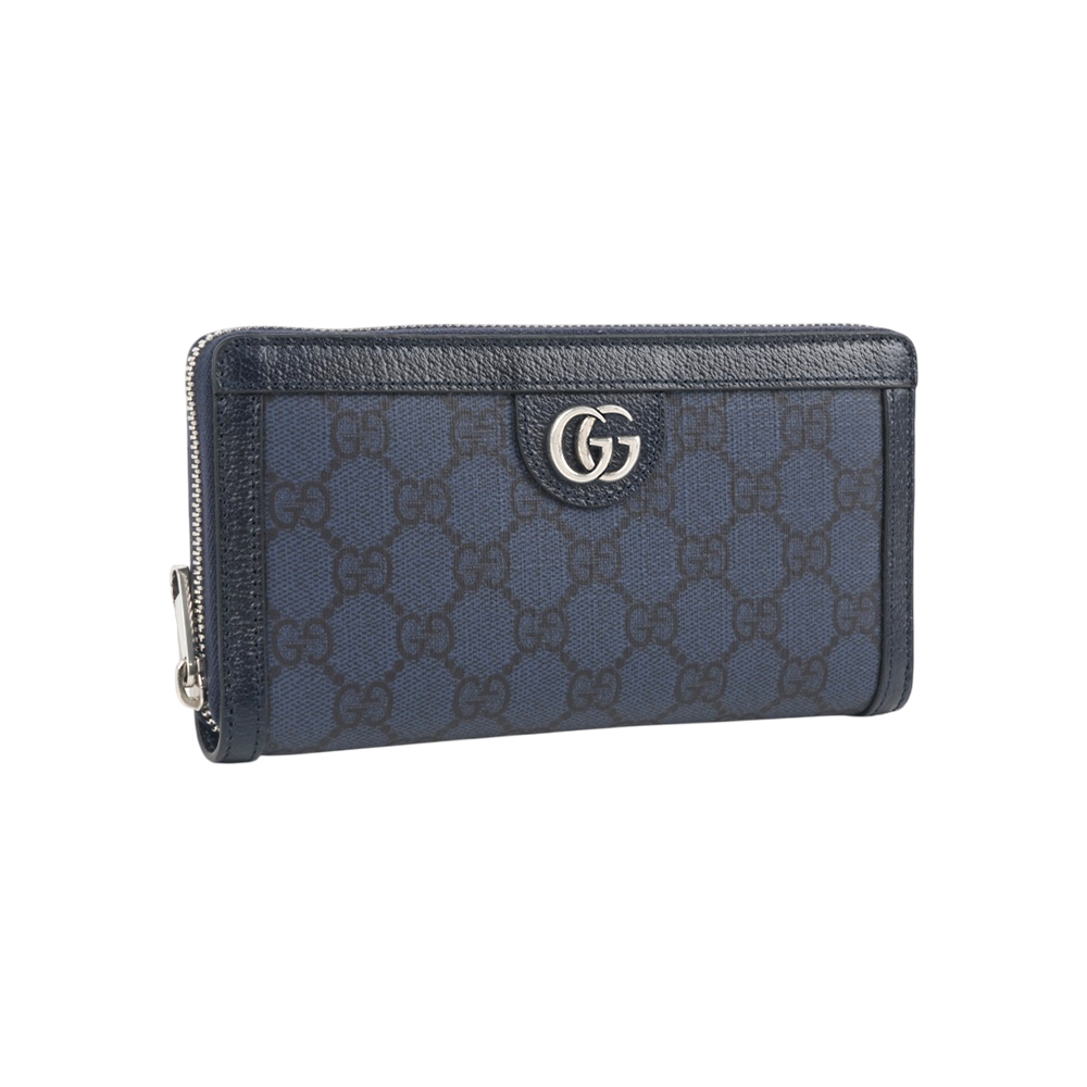 【GUCCI】Ophidia GG 銀字塗層帆布及皮革ㄇ形拉鍊長夾(深藍色)