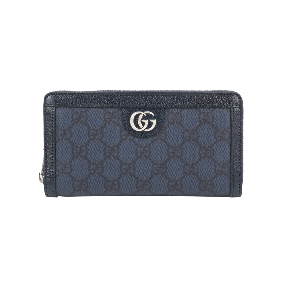 【GUCCI】Ophidia GG 銀字塗層帆布及皮革ㄇ形拉鍊長夾(深藍色)
