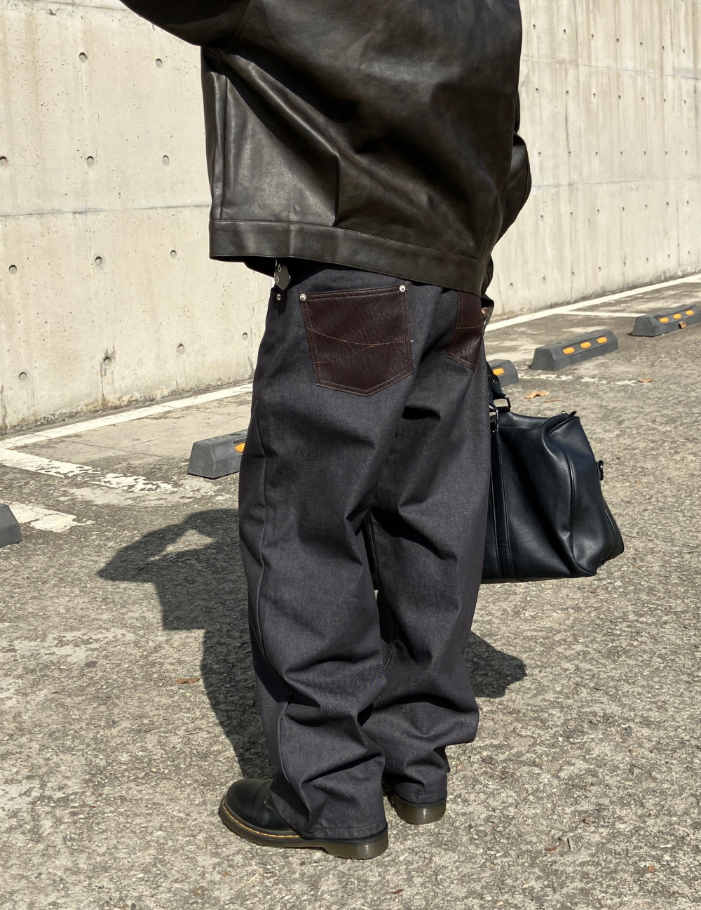 韓國 自然光澤 原色 拼接 皮革 牛仔褲