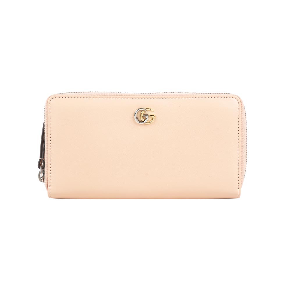 【GUCCI】雙色Marmont Logo 平滑皮革ㄇ形拉鍊長夾(米色)