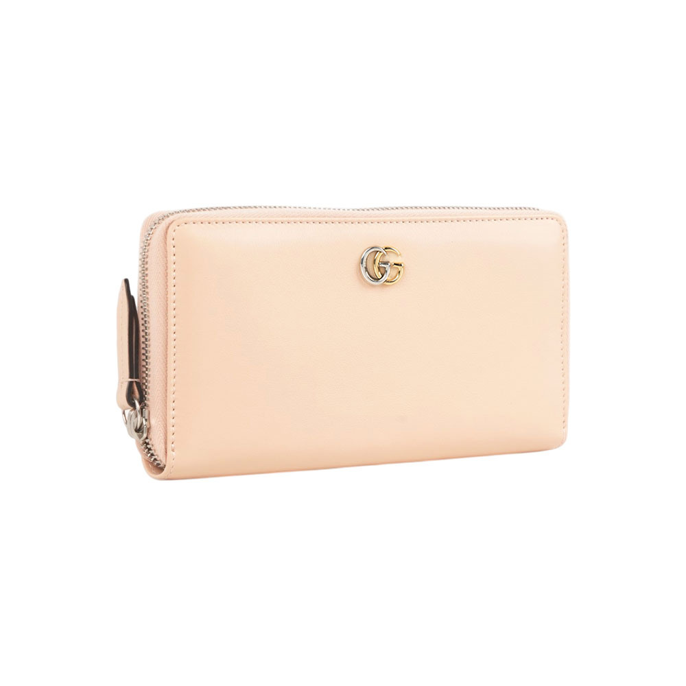 【GUCCI】雙色Marmont Logo 平滑皮革ㄇ形拉鍊長夾(米色)