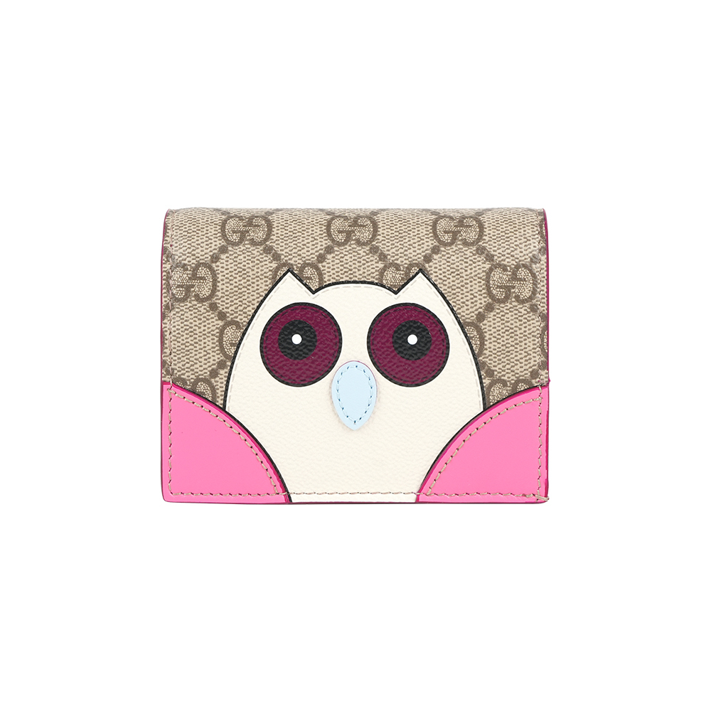 【GUCCI】GG 貓頭鷹圖案塗層帆布釦式二折短夾(酒紅色)