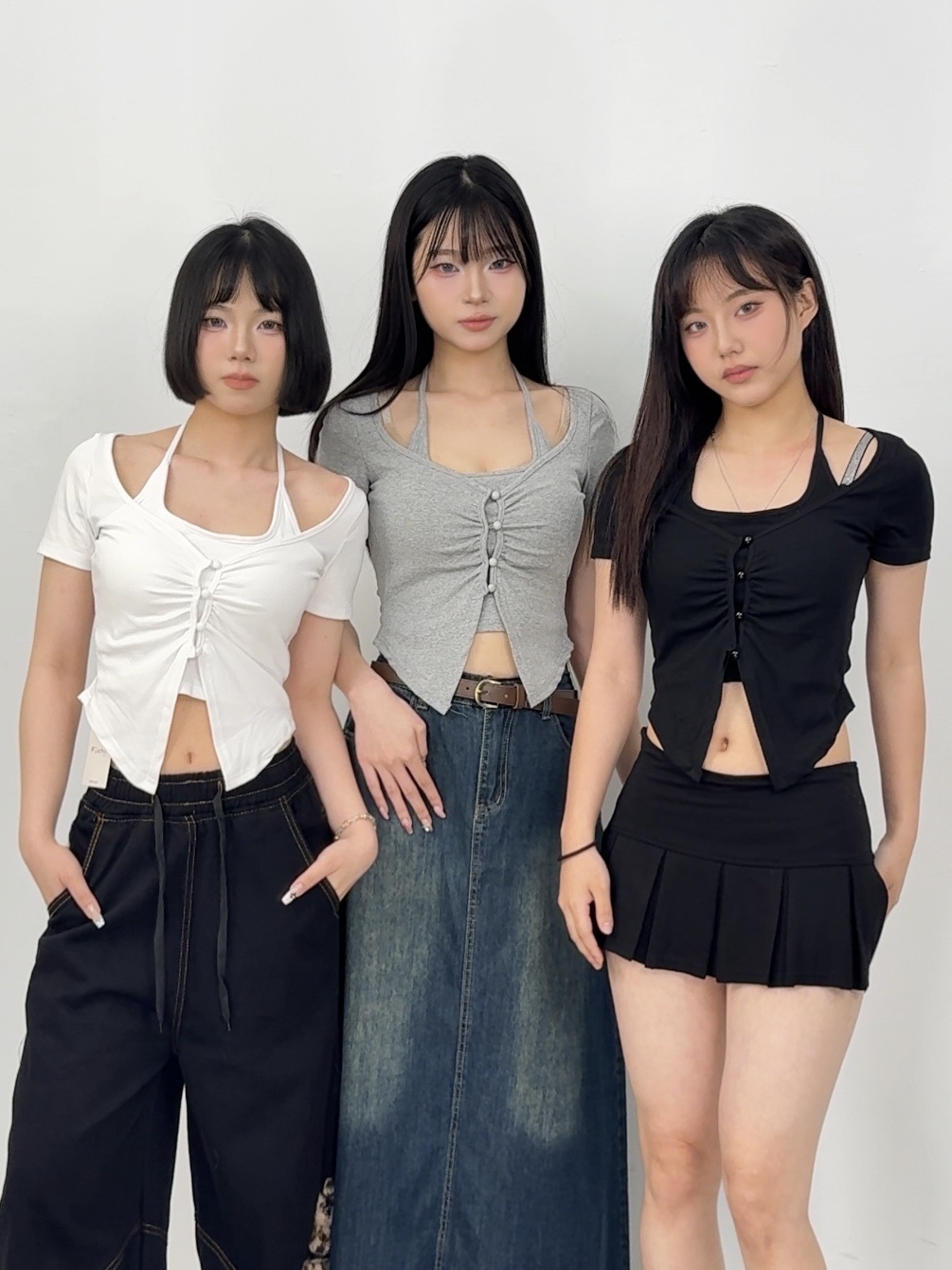 B87鈕扣掛脖氣質短袖胸墊上衣