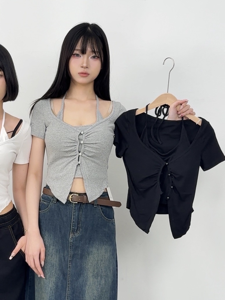 B87鈕扣掛脖氣質短袖胸墊上衣