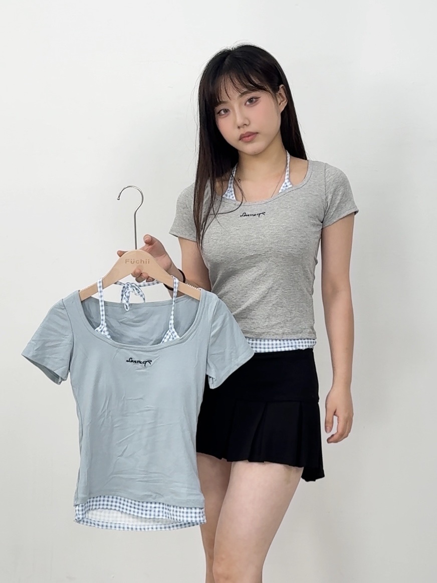 B88韓系格紋假兩件胸墊上衣