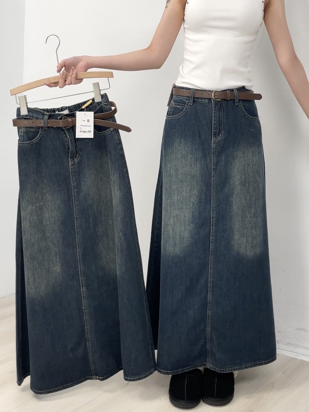 B89經典回歸款🔥復古感半鬆緊牛仔長裙(附皮帶)