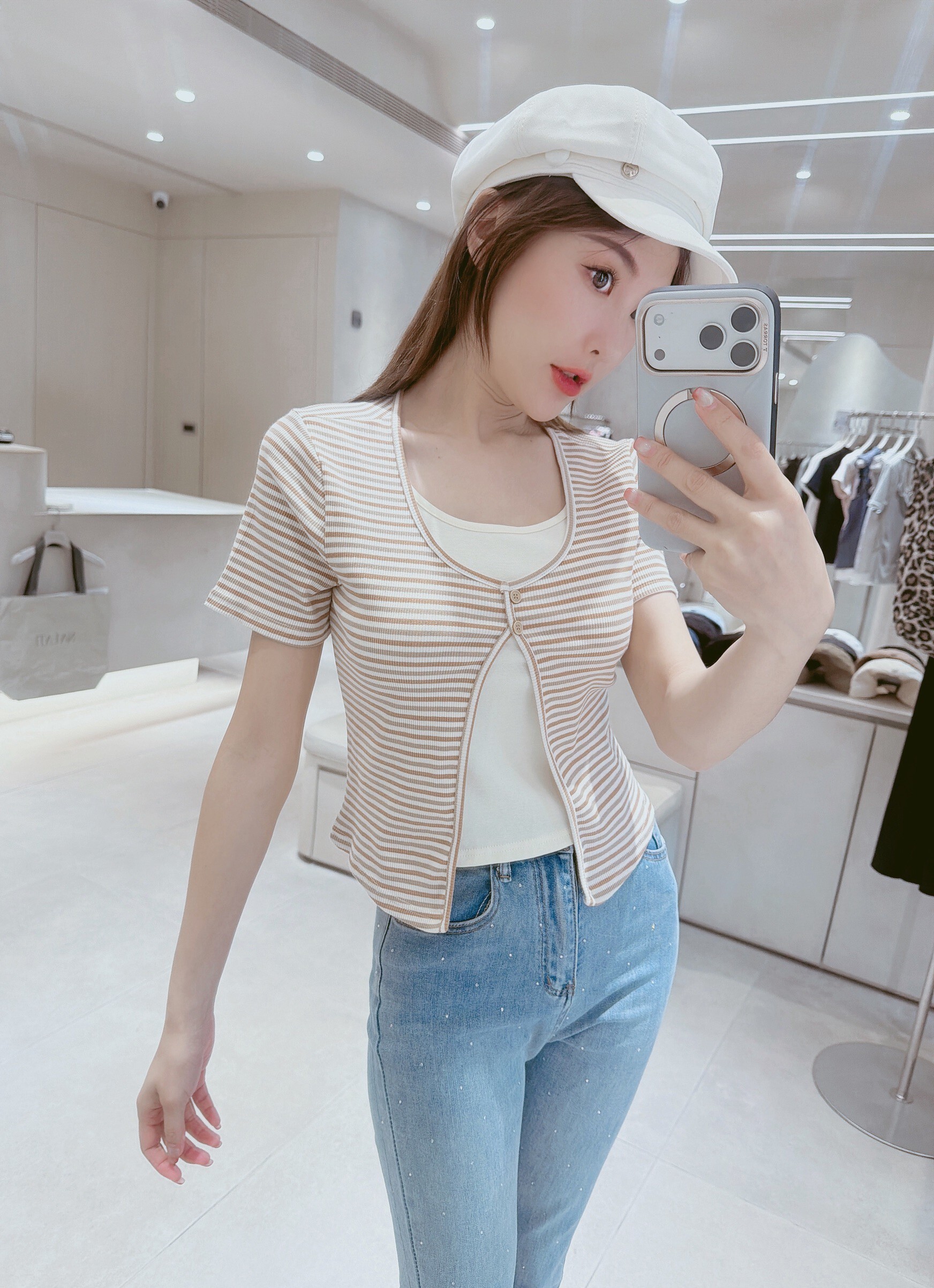 假兩件開釦配色條棉質衣