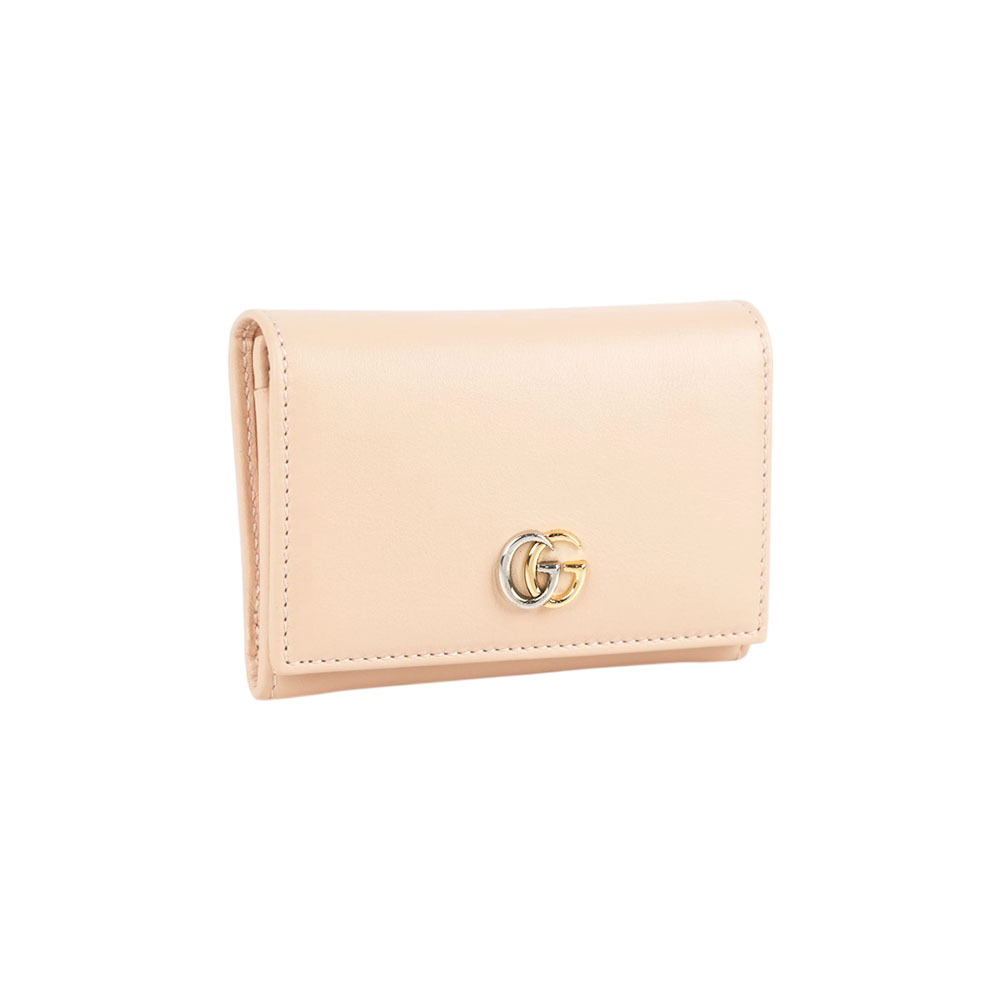 【GUCCI】金銀雙色Logo 平滑皮革釦式卡包/卡片夾(淺米色)