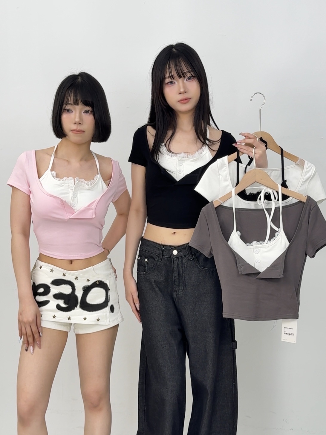 B92假兩件拼接蕾絲胸墊上衣